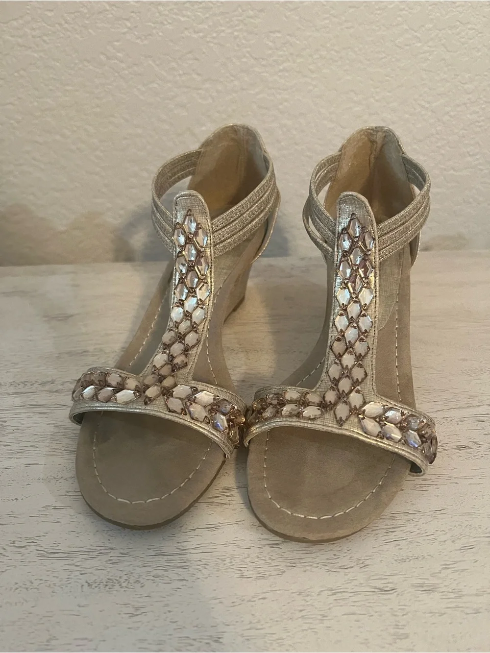 New York Transit Beige T-Strap Wedge Sandals with Gem Accents
